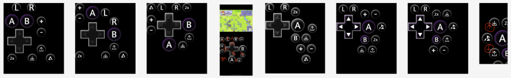 various designs for a one-thumb controller for GBA games on iPhone. There are six revisions of the controller, with buttons arranged pretty differently each time. 