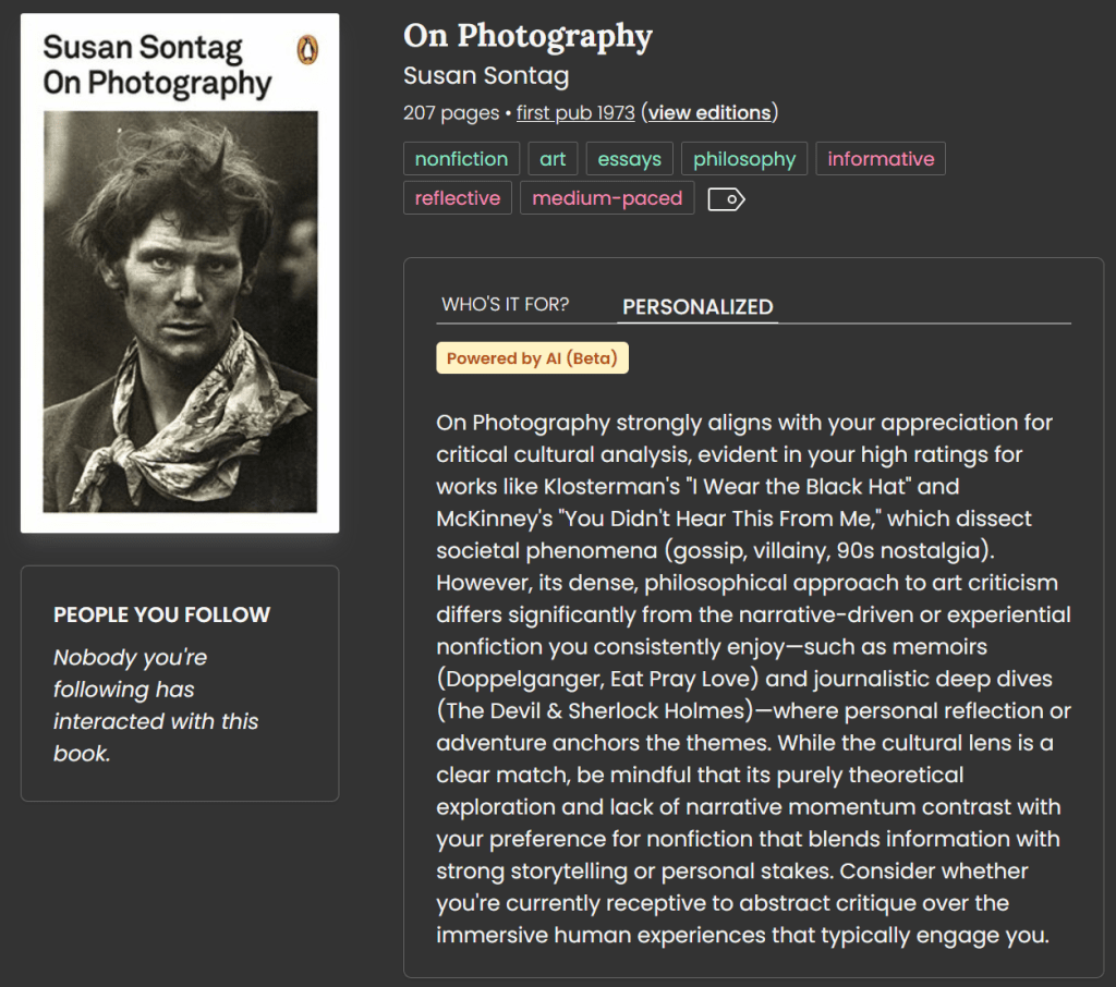 The StoryGraph's personalized AI summary of On Photography. 